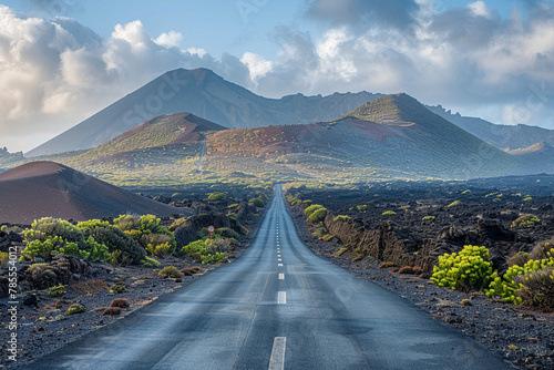 Image related to unexplored road journeys and adventures. Road through the scenic landscape to the destination in Lanzarote natural park