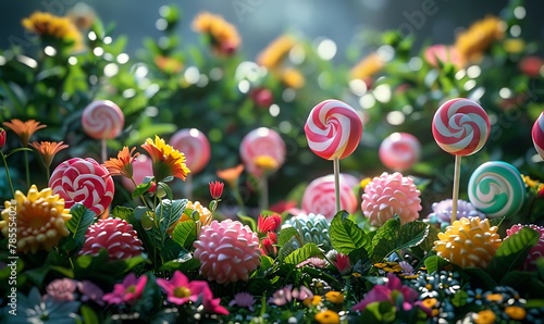 Immerse in a whimsical candy garden, vibrant candies amidst lush greenery and  blooming flowers evoke wonder and joy in a magical world
