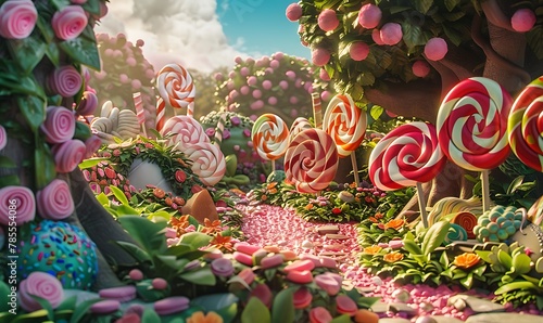 Immerse in a whimsical candy garden, vibrant candies amidst lush greenery and  blooming flowers evoke wonder and joy in a magical world