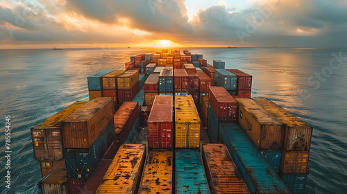 A mesmerizing sunrise sky casting its golden light on a stack of multicolored shipping containers on a cargo ship at sea photo