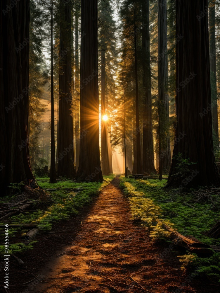 Obraz premium Sun shining through tall trees along a forest path