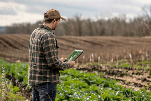 Tech-Savvy Farmer Monitoring Crops with Digital Tablet