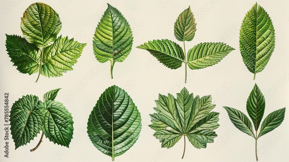 Botanical Illustrations: A photo of a botanical illustration depicting various types of leaves