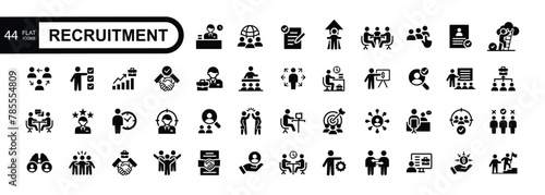 Recruitment icon set. Headhunting, career, resume, job hiring, candidate and human resource icons. Solid icon collection.	