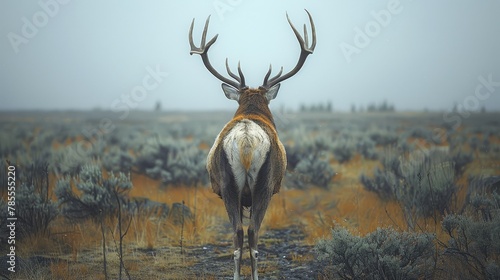  A large antelope stands in a field, surrounded by grass and bushes on both sides