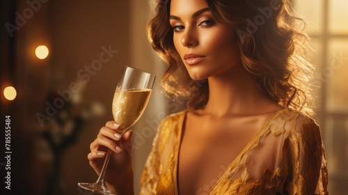Elegant Woman in Gold Dress Holding Champagne Glass