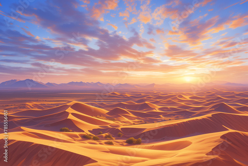 Majestic Sunrise Over Desert Sands, Golden Glow Landscape Scene