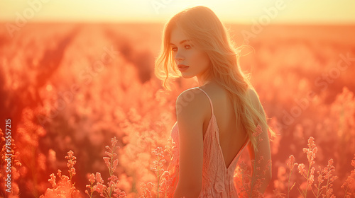 beautiful girl in a long dress at sunset
