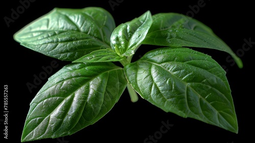   A leafy plant with dewdrops on its leaves against a black backdrop ..Or  for a more descriptive version ..