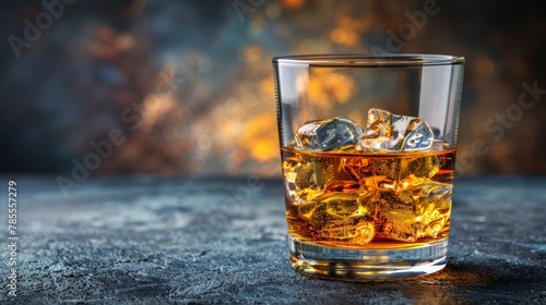 Whiskey glass with ice cubes on plain background, perfect for text placement and design projects