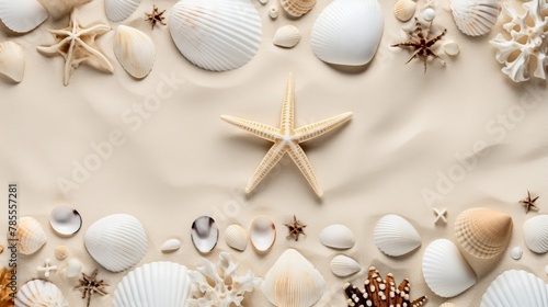Summer travel banner with seashells, corals, and starfish on pure white sand beach, vacation concept