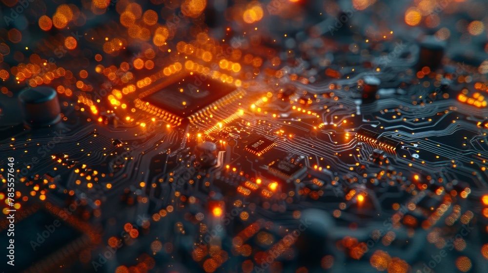 Technology Close-up: A photo capturing the glowing lights and circuitry of a computer motherboard Technology Close-up: A photo capturing the glowing lights and circuitry of a computer motherboard