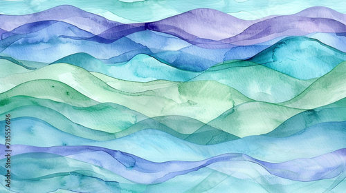 Soothing watercolor waves in cool blues and greens, subtle purple mix for spas.