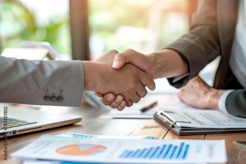 Two business people shaking hands over an office desk, closeup of handshakes and professional attire The concept symbolizes trust Generative AI