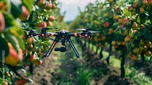 An advanced robotic arm equipped with sensors and AI technology selectively picking ripe fruit from a tree in an orchard, showcasing precision and efficiency in modern smart agriculture practices. photo