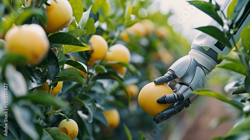 An advanced robotic arm equipped with sensors and AI technology selectively picking ripe fruit from a tree in an orchard, showcasing precision and efficiency in modern smart agriculture practices. photo