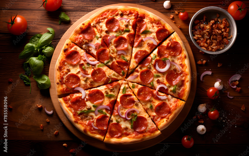Delicious Round Pizza with individual slices close-up, fast food concept, realistic illustration, generative ai - obrazy, fototapety, plakaty 