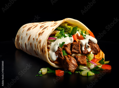 Hot Shawarma in lavash in dark close-up, fast food and snacks concept, realistic illustration, generative ai