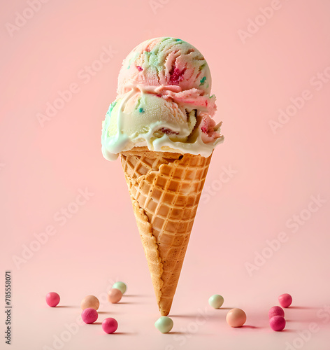 Fruit Ice Cream in waffle cone on rose background, summer food concept, realistic illustration, generative ai