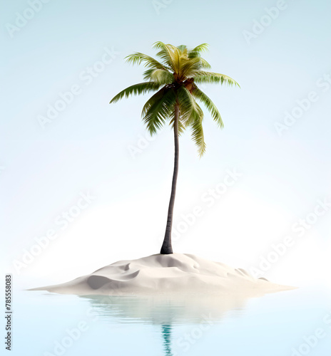 Sand Island with Coconut Palm Tree and Blue Sky close-up, tropical nature concept, realistic illustration, generative ai