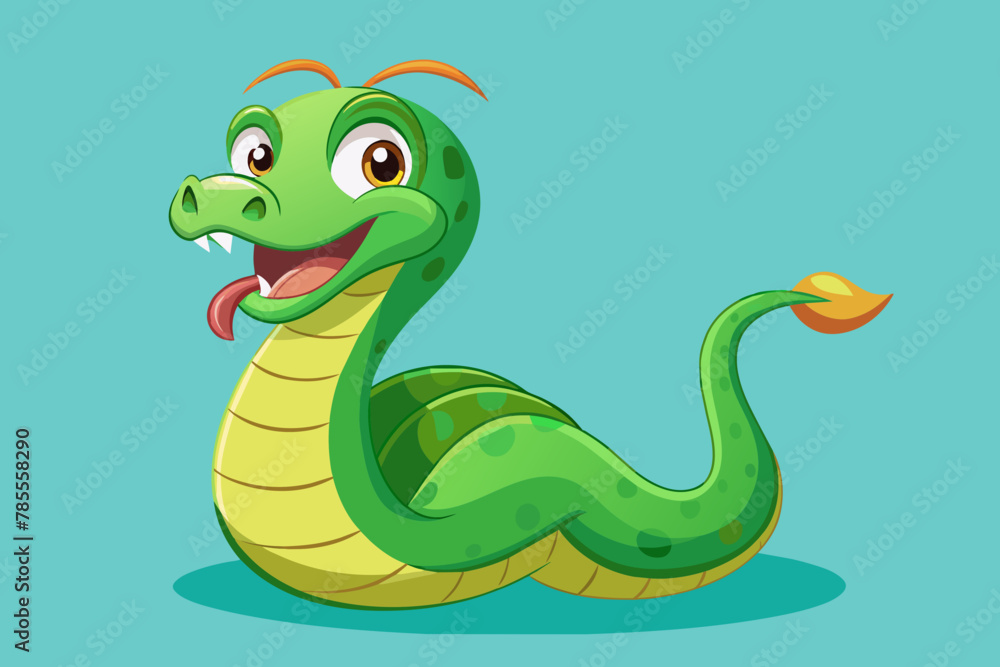 Obraz premium Playful cartoon depiction of a green snake, exuding humor and charm with its quirky characteristics and lively expression
