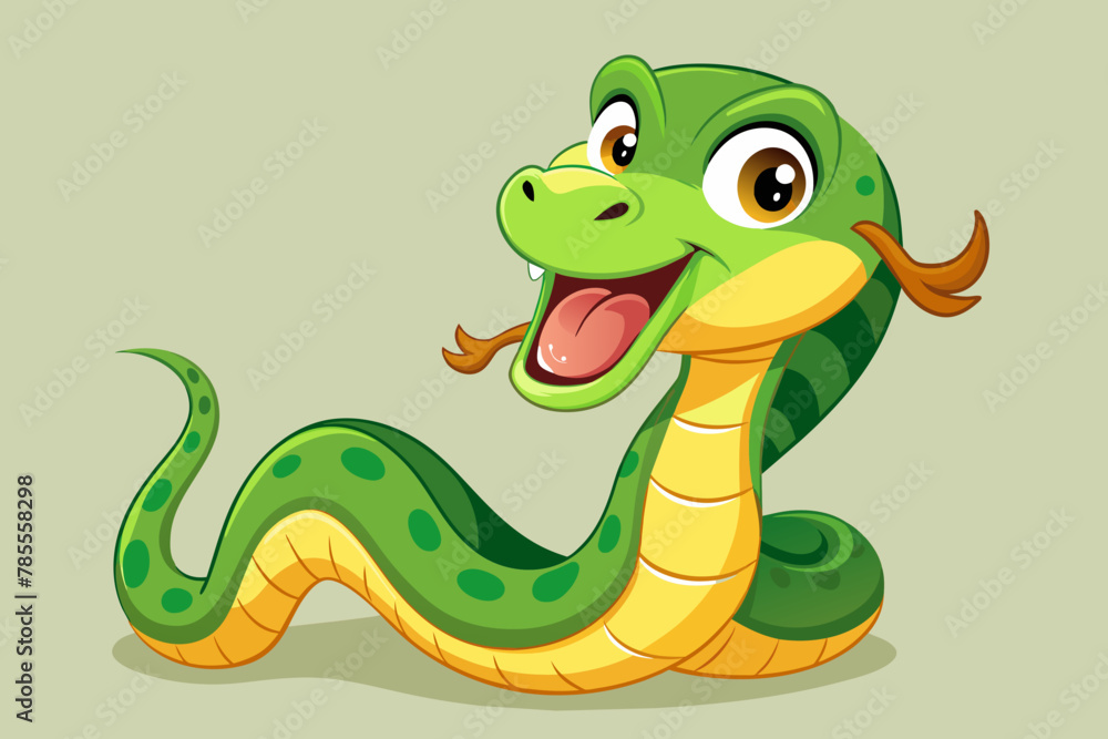 Playful cartoon depiction of a green snake, exuding humor and charm with its quirky characteristics and lively expression Playful cartoon depiction of a green snake, exuding humor and charm with its quirky characteristics and lively expression