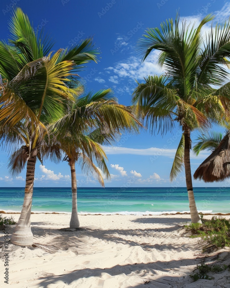 This stunning image captures a serene tropical beach with vibrant blue skies, crystal clear waters, and a beautiful palm tree leaning over the sandy shore