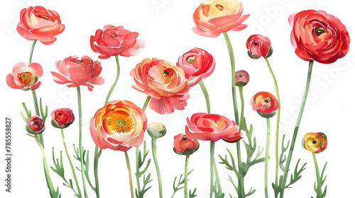 Collection of ranunculus flowers watercolor cutout png isolated on white or transparent background 