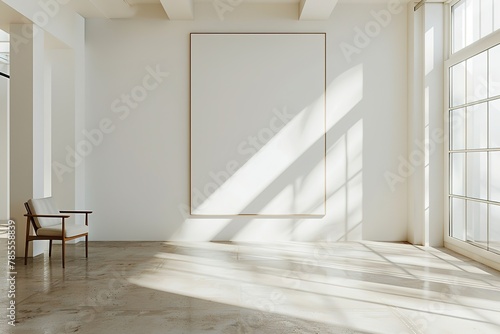 Modern interior with a mockup frame and sunlight casting shadows. Ratio 3x4.