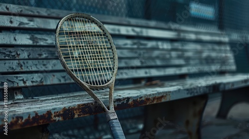 A vintage tennis racquet leaning against a weathered bench at an abandoned tennis court, its strings frayed and grip worn,