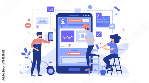 Web and mobile app design development process concept, flat vector illustration. UI/UX designer and developer team working together on wireframes, prototyping, coding and testing. Creative digital pro photo