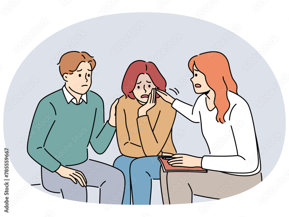 People sit in circle share problems in group therapy. Participants comfort support unhappy crying woman at counseling session. Vector illustration.