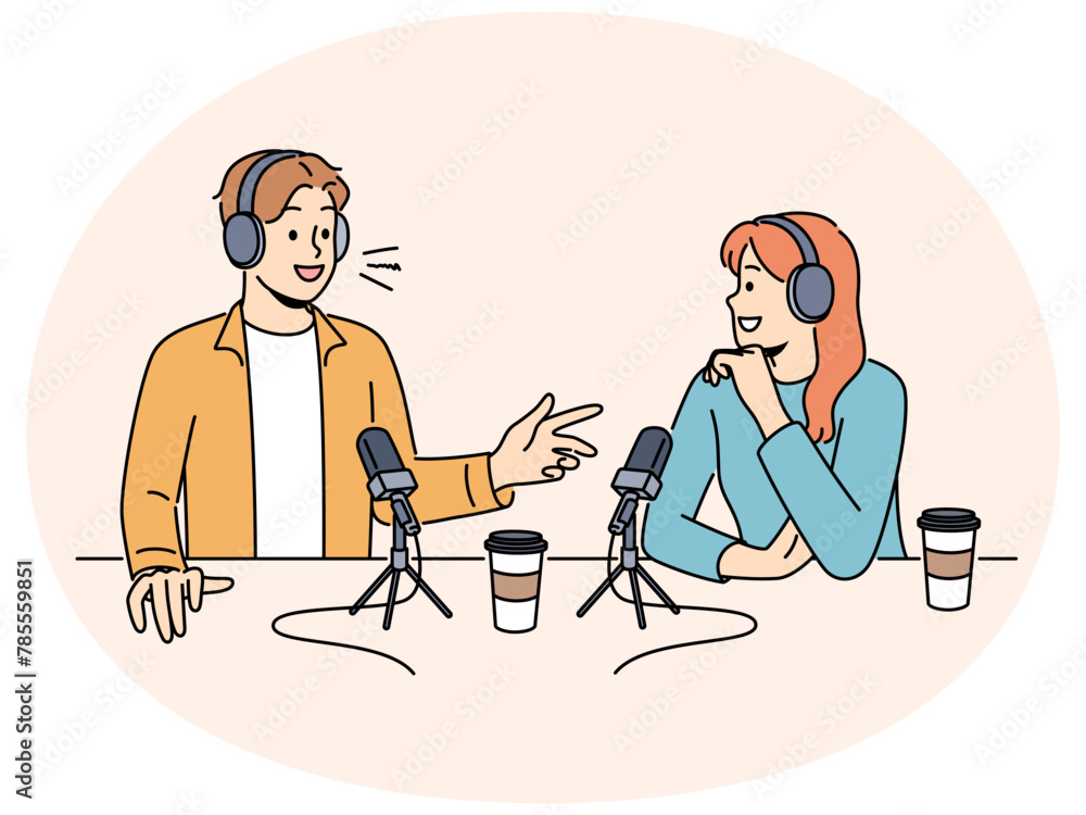 Smiling people in headsets talking in microphones at live radio broadcast. Happy host interview guest recording podcast in studio. Vector illustration. Smiling people in headsets talking in microphones at live radio broadcast. Happy host interview guest recording podcast in studio. Vector illustration.