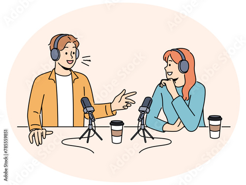 Smiling people in headsets talking in microphones at live radio broadcast. Happy host interview guest recording podcast in studio. Vector illustration.