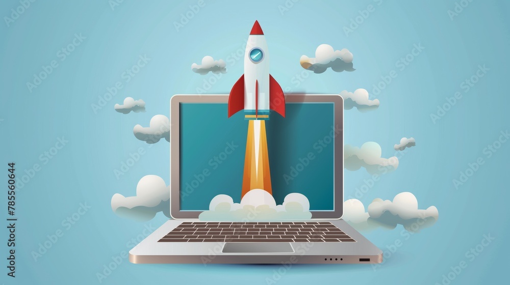 The image illustrates a rocket launching directly out of a laptop screen, surrounded by clouds and a dynamic burst of light