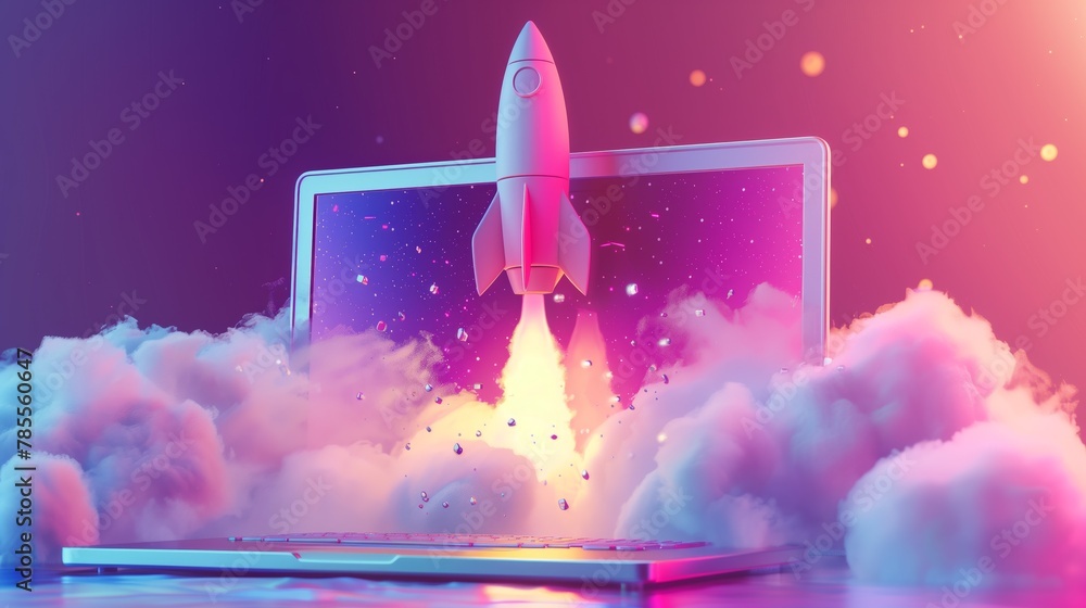 Fototapeta premium The image illustrates a rocket launching directly out of a laptop screen, surrounded by clouds and a dynamic burst of light