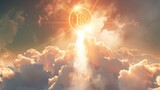 A golden bitcoin symbol flies through a stormy sky.