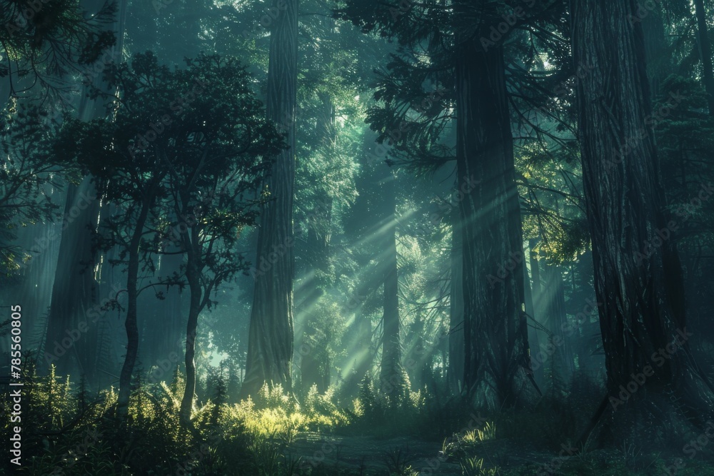 Sunlight filters through trees in dense temperate broadleaf forest - obrazy, fototapety, plakaty 