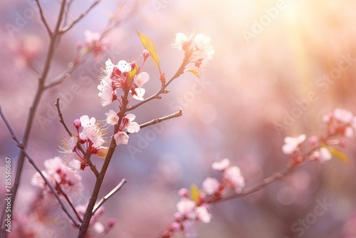 Ethereal spring background. Softly blurred, creating a dreamlike ambiance. This image offers a visual retreat and evokes a sense of freshness, and growth.