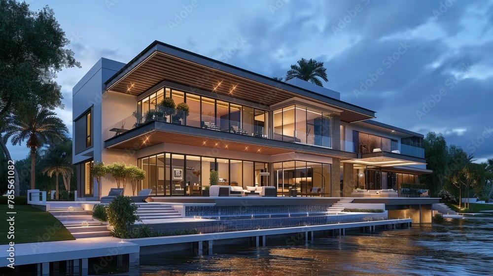 3d rendering of modern house by the river at morning, house, luxury, villa, modern, architecture, building, exterior, residential, property, designer