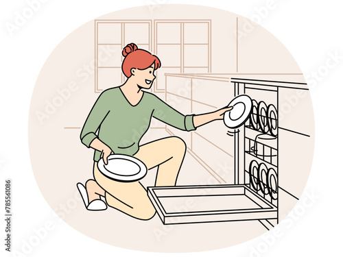 Smiling woman unloading dishwashing machine. Happy housewife put dirty plates into dishwasher at home kitchen. Household and chores concept. Vector illustration.