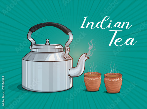 Vector illustration of tea kettle and  clay cups. Indian traditional tea cup and kettle with hot tea hand drawing Vector.