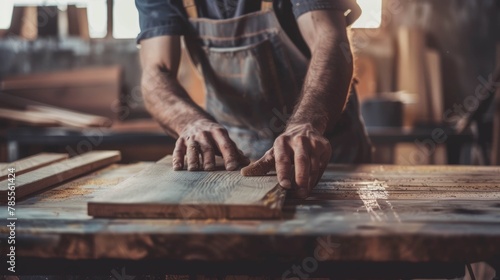 close up man owner a small furniture business is preparing wood for production. carpenter male is adjust wood to the desired size. architect, designer