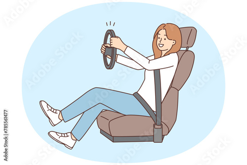 Smiling woman with steering wheel learn driving