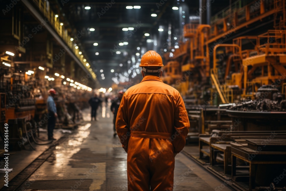Observation of a busy factory floor by a worker wearing safety gear. Concept Factory Floor, Safety Gear, Worker's Perspective, Observation, Busy Environment