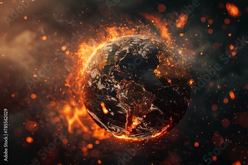 A photorealistic image of the globe with continents wrapped in flames and ashes, depicting a dire warning about the future of our warming planet, with emphasis on fiery textures and embers