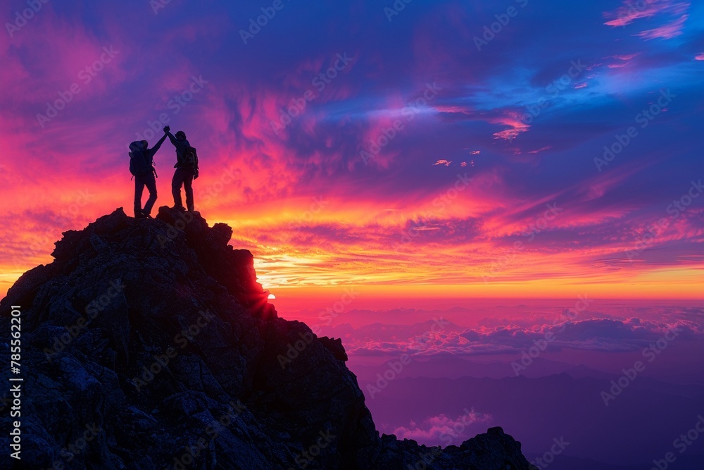 A couple of hikers celebrating at the peak of a high mountain during sunset, silhouetted against a vibrant sky