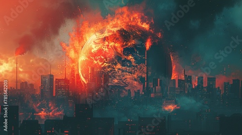A dramatic illustration of a globe engulfed in flames, skyscrapers and industrial chimneys emitting smoke in the background