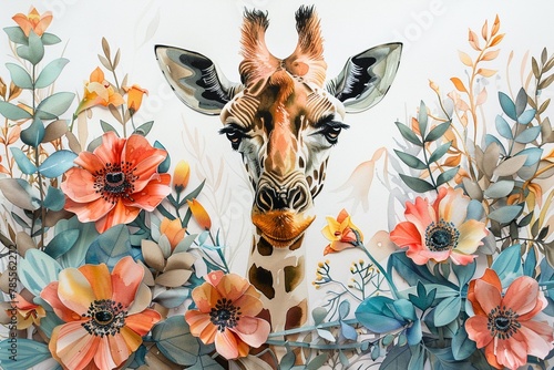 A giraffe surrounded by watercolor flowers, handdrawn, capturing a serene vibe, full body, on a white background #785562272