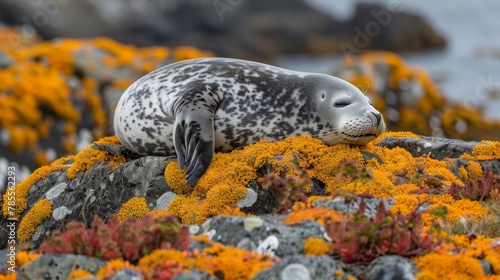  A grey seal rests atop a rock, its Yellow and red lichen-covered surface contrasting the nearby body of water